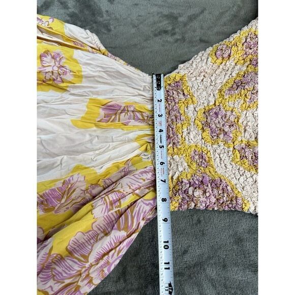 Free People Kalimantan Printed Midi Dress Bold Floral Ruched Blush Yellow Medium - Picture 10 of 14